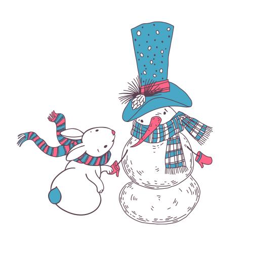 Vector image animated snowman in a top hat and cute bunny in a scarf on white