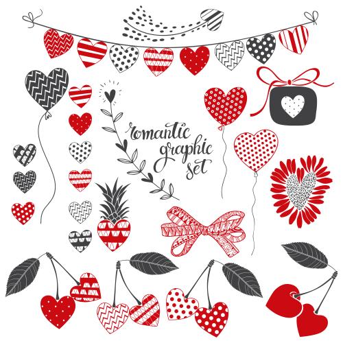 Illustration decorative hearts romantic symbols in red-black palette on white