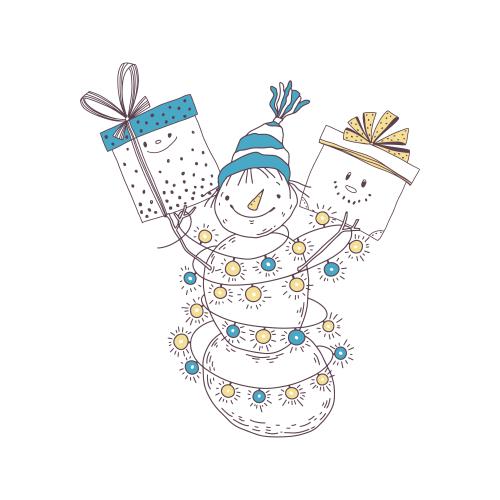 Snowman. Vector cartoon snowman with garland and gifts on white