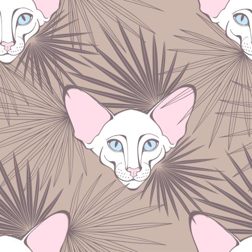 Oriental cat. Vector oriental cat, cute faces and palm leaves on a pastel brown