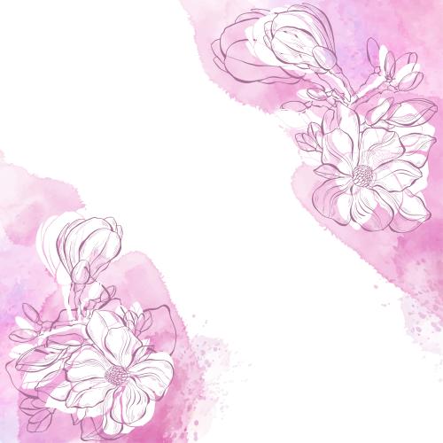 Illustration magnolia, contours and silhouettes on watercolor, text area on white, corner composition