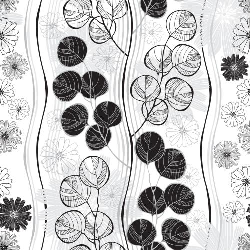 Eucalyptus. Vector eucalyptus branches decorative silhouettes and outlines of flowers vertical wavy lines on white