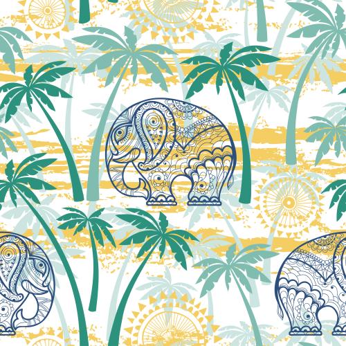 Illustration decorative elephants and elements, palm silhouettes on textured white