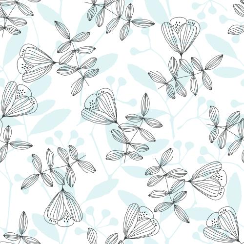 Vector image decorative flowers and plants, black outlines and blue silhouettes on white