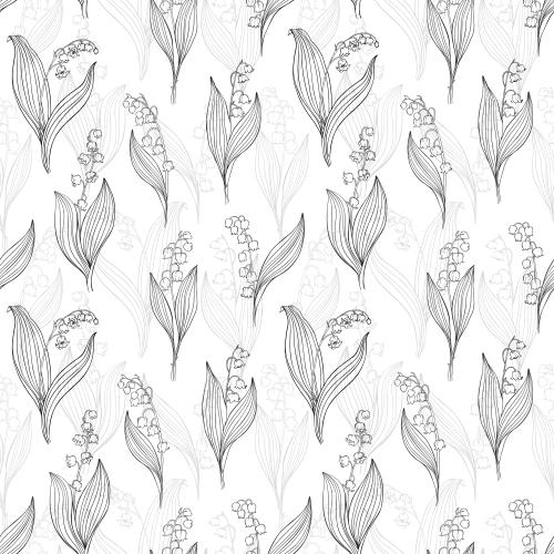 Lily-of-the-valley. Vector Pattern lilies gray and black outlines on white