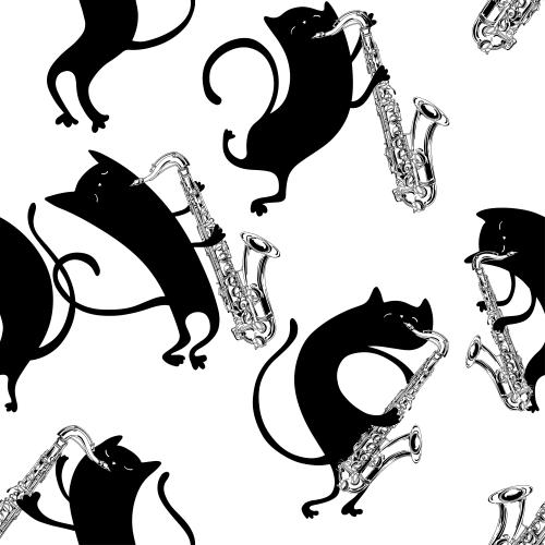 Cat. Vector black cartoon cats play on saxophones
