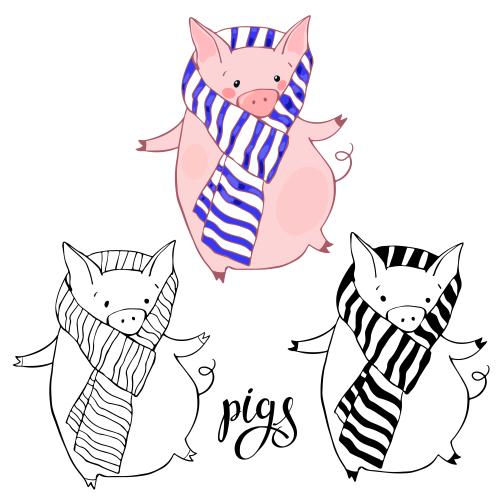 Pig. Vector cute piglet in a scarf, three variants on white