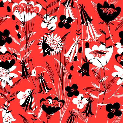 Vector image field flowers in the style of doodle on red