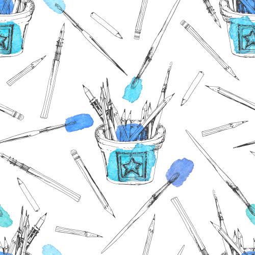 Vector image crayons brushes a box with art supplies watercolor fragments on white