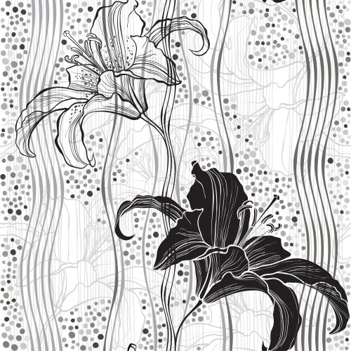 Lily. Vector silhouettes and contours of lilies straight and wavy vertical lines monochrome checkered pattern on white