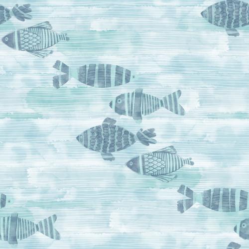 Raster image cartoon watercolor fish white wave lines on blue watercolor