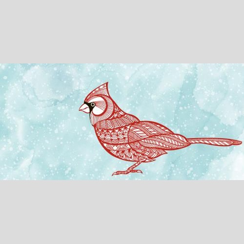 Northern cardinal. Vector stylized cardinal bird, snow, space for text on blue watercolor