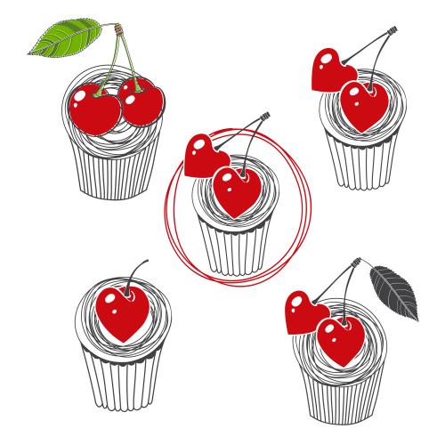 Dessert. Vector cupcakes with heart-shaped cherries and berries on white
