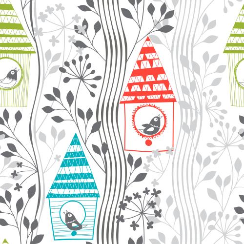 Tree. Vector multicolored birdhouses with singing birds stylized monochrome trees on white
