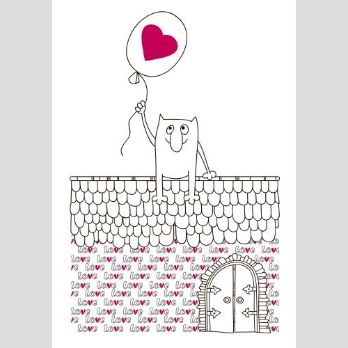 Romance. Vector love and a kitten with a balloon