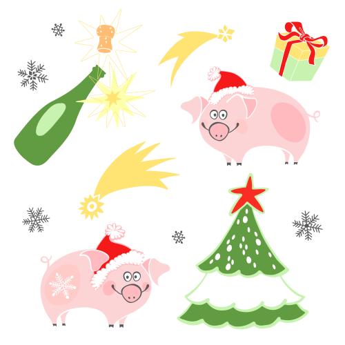 Symbol. Vector cartoon pigs in new year hats, christmas tree, champagne, snowflakes on white