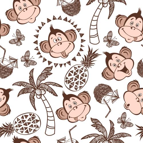 Sun. Vector cute monkey faces palm trees pineapples coconut cocktails butterflies on white