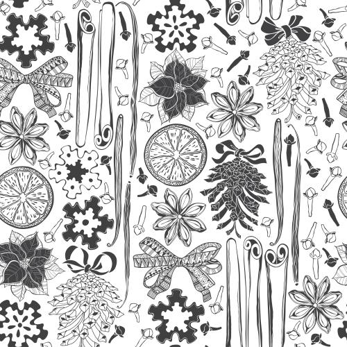 Bow. Vector cone, ribbons, aromatic spices, cookies, orange slices, poinsettia on white