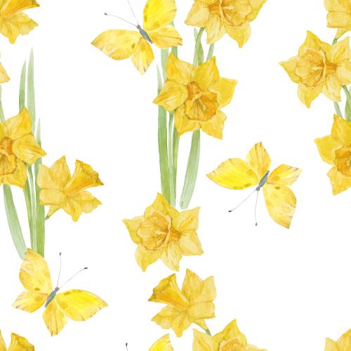 Raster image watercolor daffodils and butterflies on white