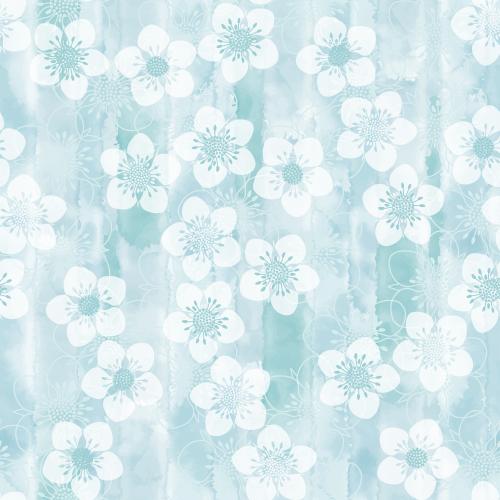 Illustration decorative flowers, silhouettes and contours on blue watercolor