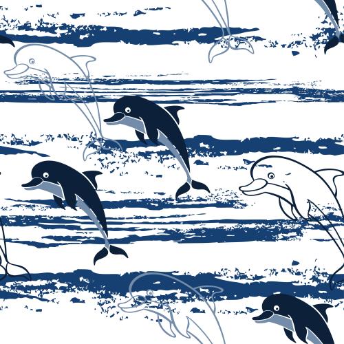 Ocean. Vector dolphins blue waves splashes on white