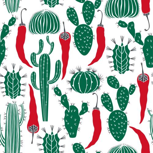 Cactus. Vector cacti and sharp peppers green and red silhouettes on white