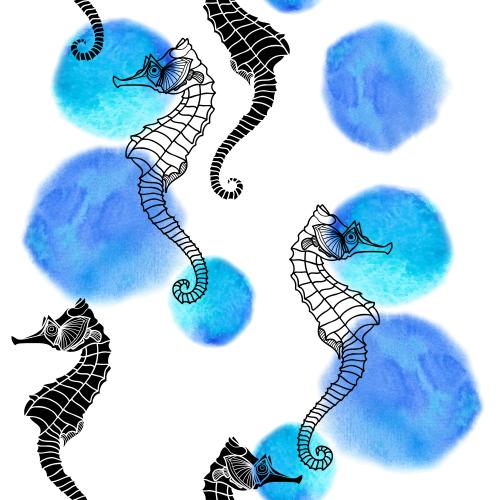 Watercolor. Vector Pattern sea horses, round watercolor spots on white