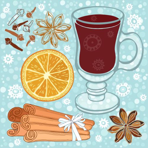 Cinnamon. Vector glass with mulled wine spices cinnamon sticks star anise orange cloves on blue