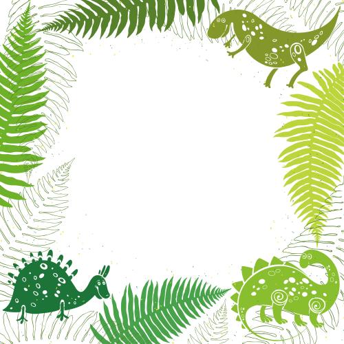 Frame. Vector square frame with cartoon dinosaurs and fern leaves colorful silhouettes and outlines on white