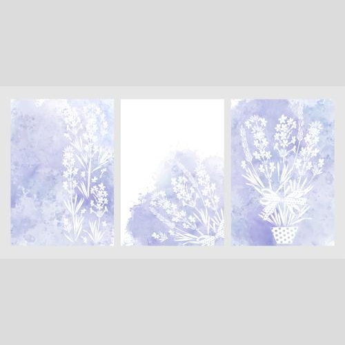 Lavender. Vector three postcards with lavender and purple watercolor fragments