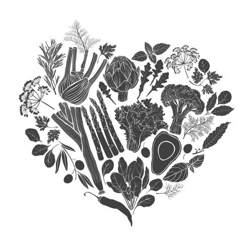 Vector for tableware Printing vegetables and culinary herbs black silhouettes on white composition in the shape of a heart