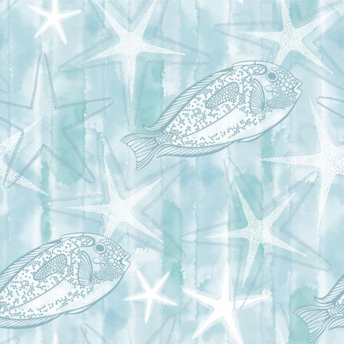 Vector image decorative tropical fish and starfish on blue watercolo