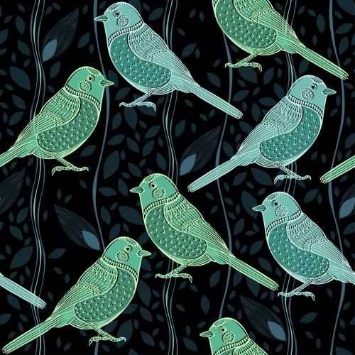 Bird. Vector Pattern birds, leaves, vertical wavy lines on black