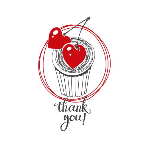 Dessert. Vector cake with cherry hearts and message thank you on white