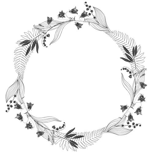 Illustration round wreath frame of bells, lilies of the valley, fern leaves on white