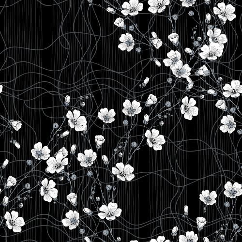 Flax. Vector flax flowers, wavy and straight lines on black