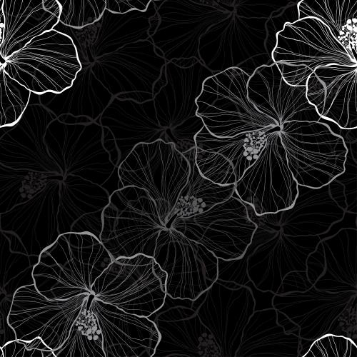 Summer. Vector white and gray elegant contours of hibiscus flowers on black
