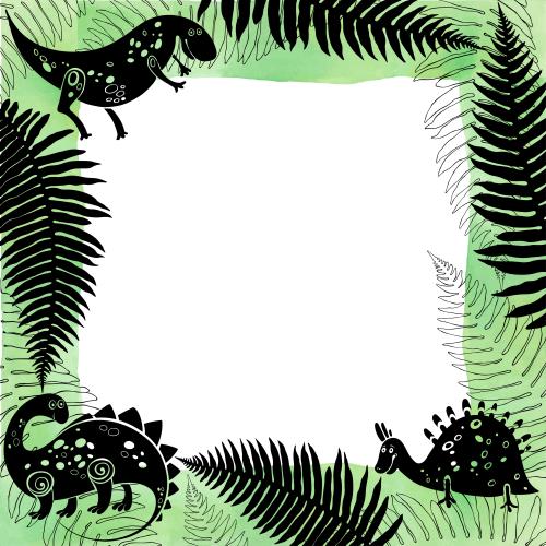 Watercolor. Vector square frame with cartoon dinosaurs and fern leaves black outlines and silhouettes on watercolor