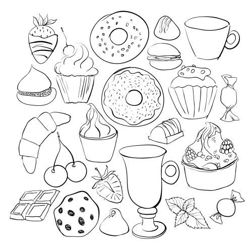 Vector image desserts sketch on white isolated elements