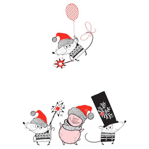 Balloon. Vector cartoon mice and piglet in new year hats, space for text on white