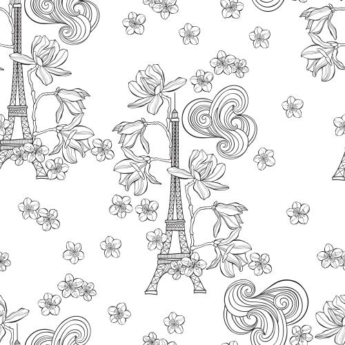 Vector image eiffel tower magnolia cherry blossom flowers clouds on white