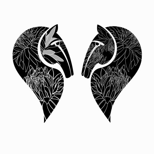 Equine. Vector stylized horse heads with floral fragments on white