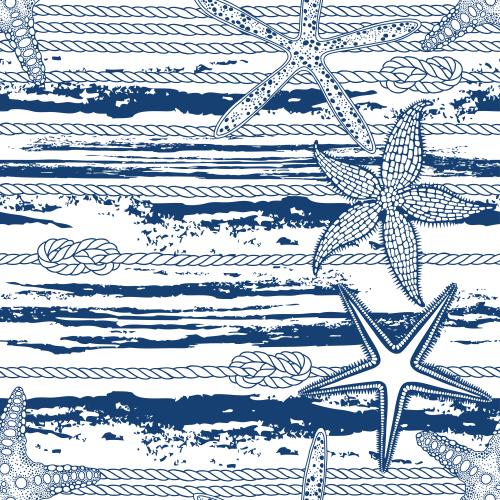 Starfish. Vector sea stars, ropes, ropes with sea knots, textured waves on white