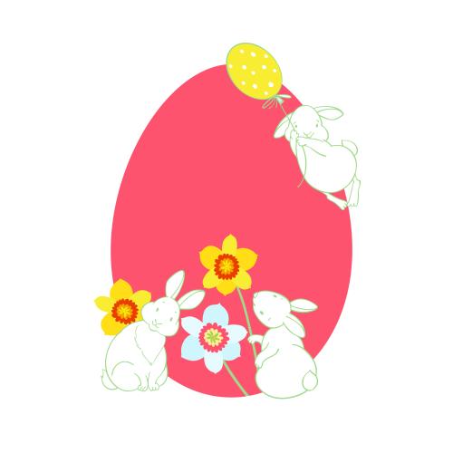 Illustration bright easter egg, cute rabbits with daffodils on white