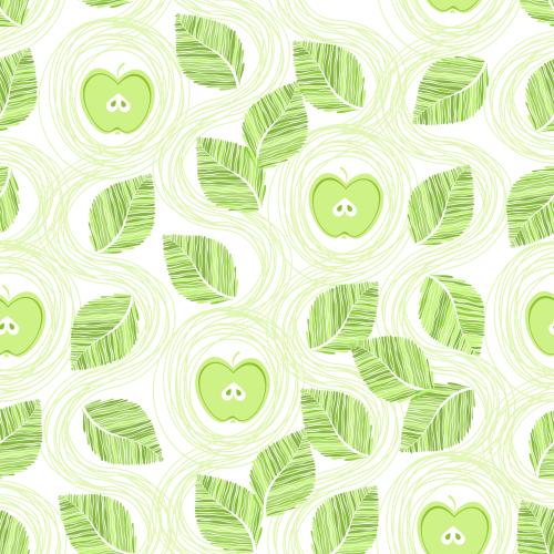 Fruit. Vector apples leaves wavy lines and circles in soft green tones