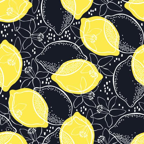 Lemon. Vector lemons, lemon flowers, decorative elements on black