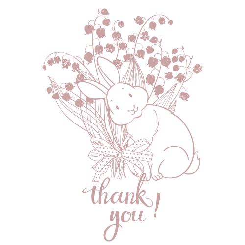 Illustration cute bunny with a bouquet of lilies and a 'thank you' message on white