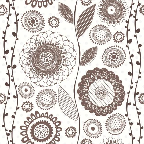 Vector image abstract doodle flowers, leaves, decorative vertical wavy stripes, brown on white