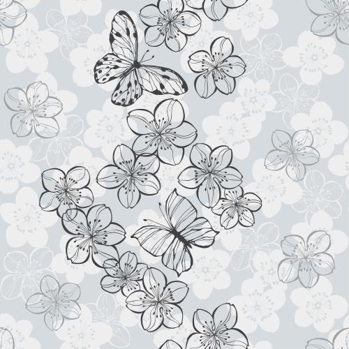 Insect. Vector Pattern cherry blossoms and butterflies on gray