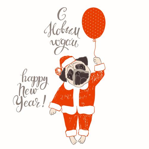 Balloon. Vector cartoon pug in santa claus costume and with a balloon, new year wishes in russian and english on white